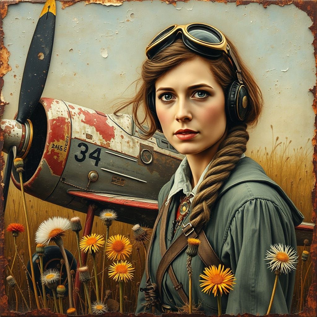 Portrait of Amelia Earhart Pilot in Whimsical Landscape