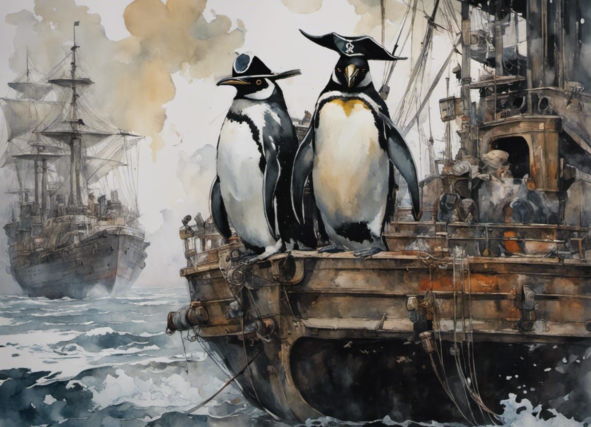 Penguin Pirate Captain Portrait in Watercolor Style