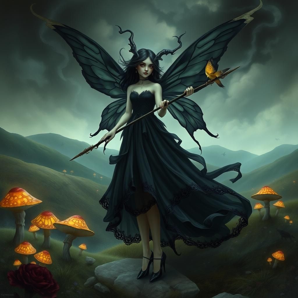 Beautiful dark fairy black wings black wand black dress blac...