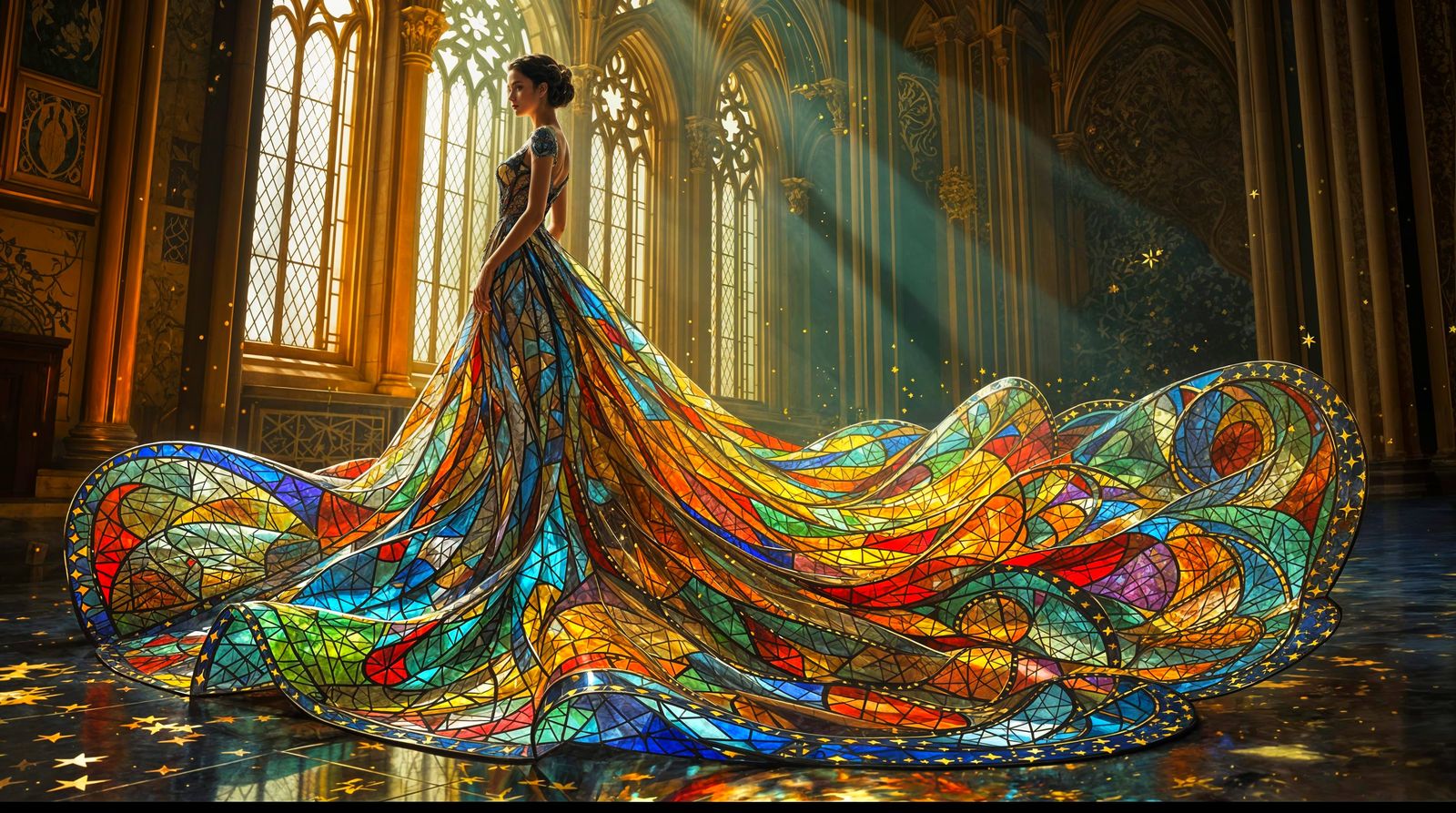Ethereal Stained Glass Gown in Gothic Cathedral Setting