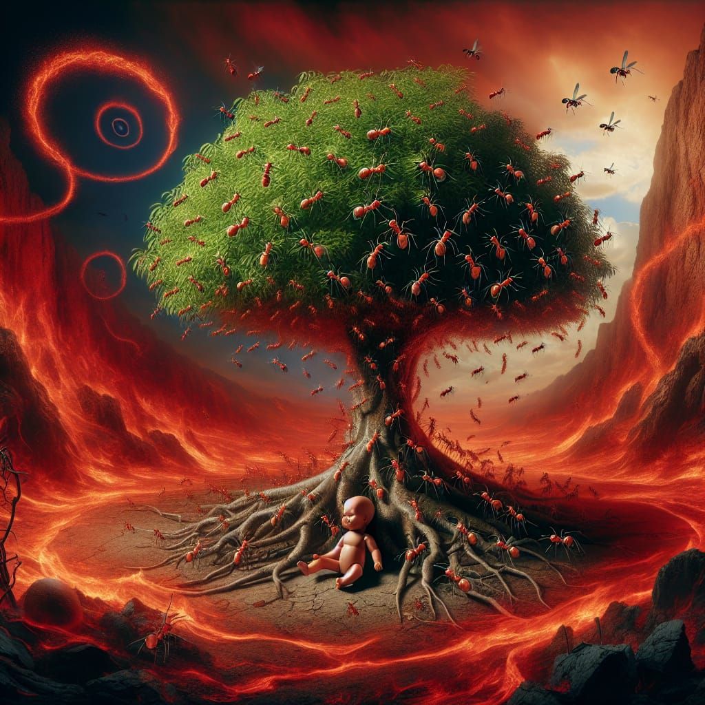 Surreal Dreamscape: Distressed Baby Doll and Fire Ants