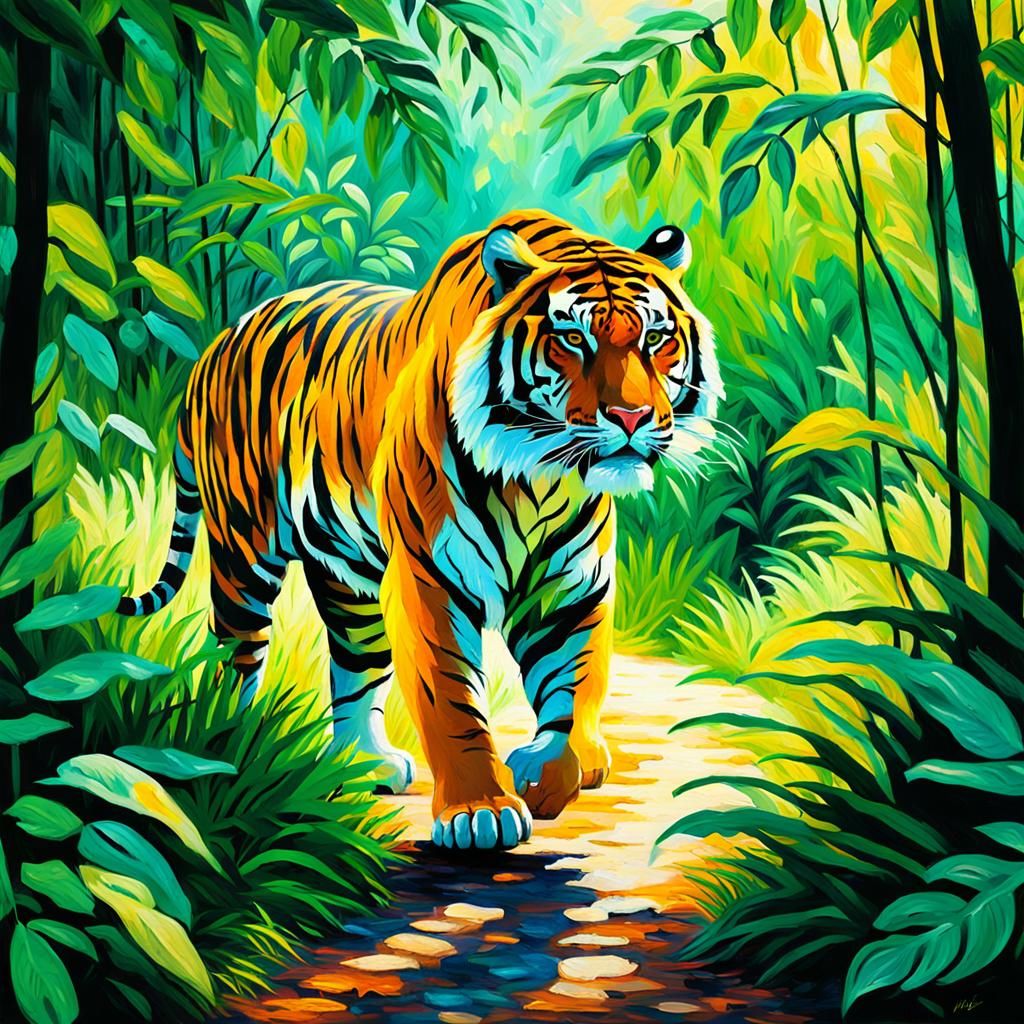 Tiger in Jungle: Fauvist Oil Painting