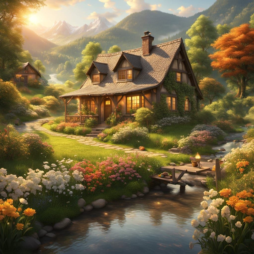 Serene Country Cottage in Golden Hour Light