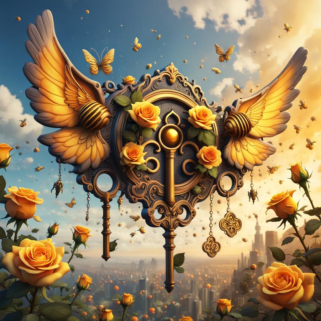 Winged Keys Above Roses: Fantasy Concept Art