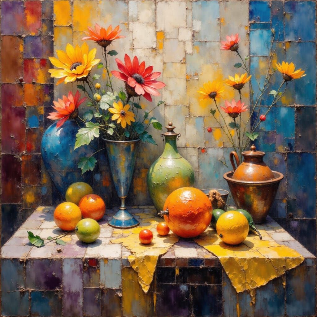 Vibrant Folk Art Still Life with Abstract Influences