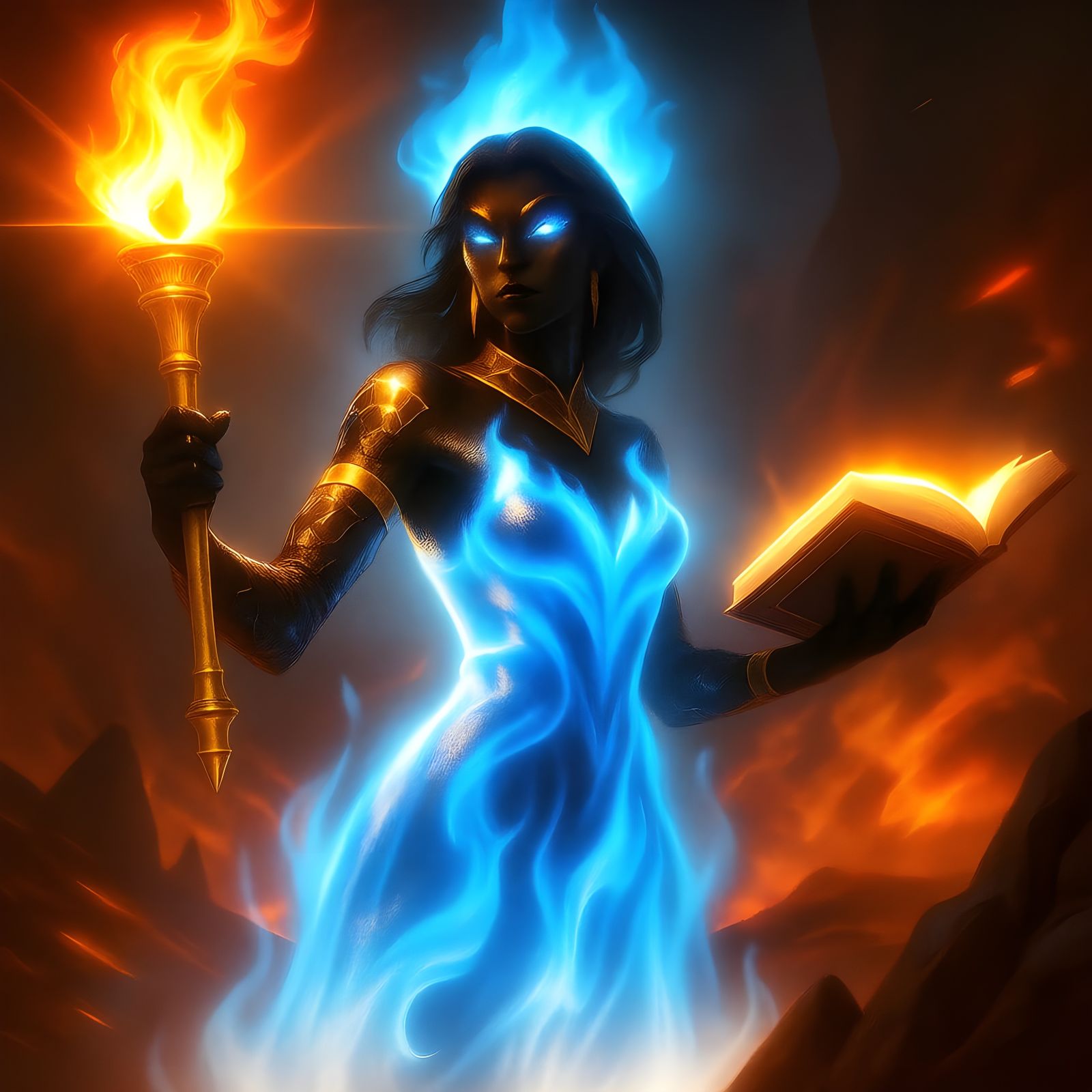 Goddess of Light and Learning with Glowing Blue Fire