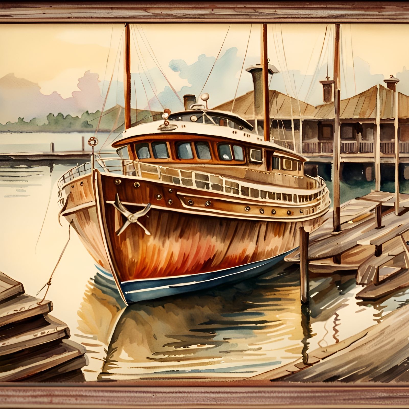 Antique Wooden Motor Yacht Watercolor Painting