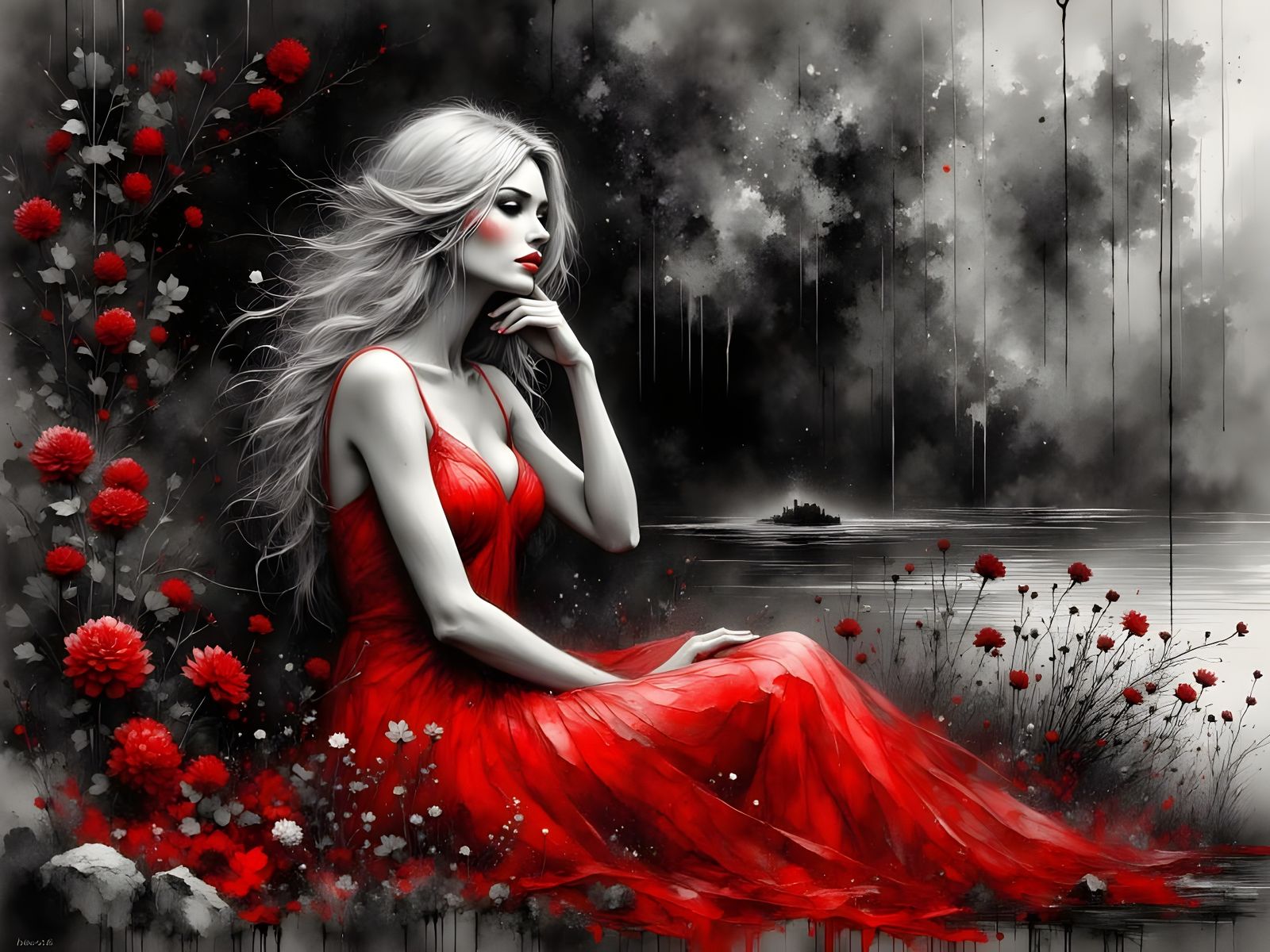 Surreal Norse Goddess Contemplates with Pensive Expression