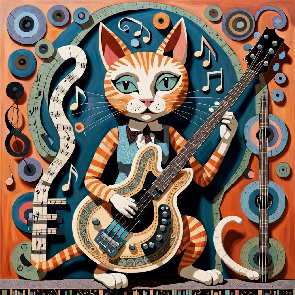 Cat Playing Bass Guitar in Naive Art Style
