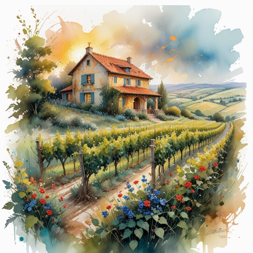 Sun-Drenched Vineyard at Sunset in Vibrant Watercolor