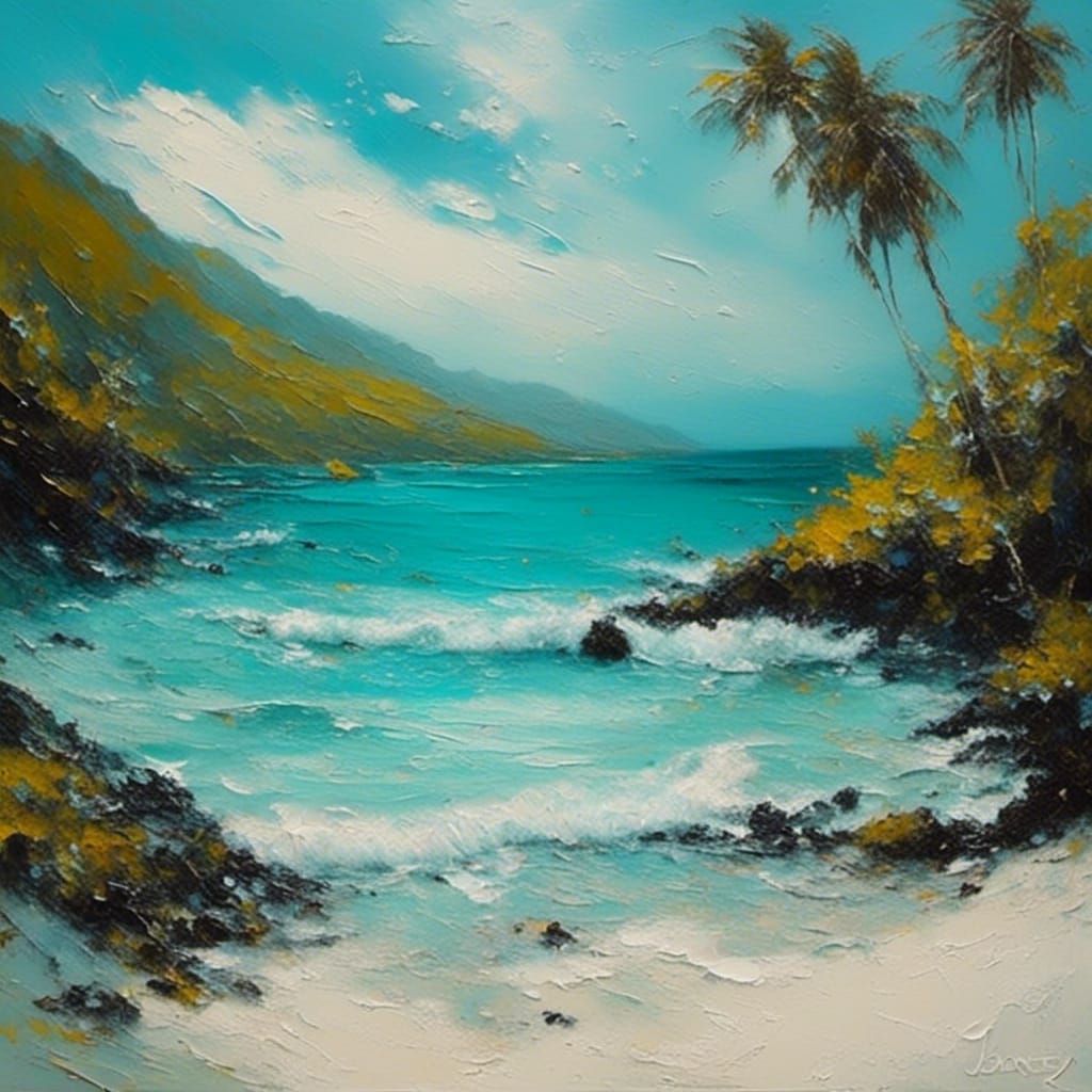 Tropical Beach Painting in Impasto Style