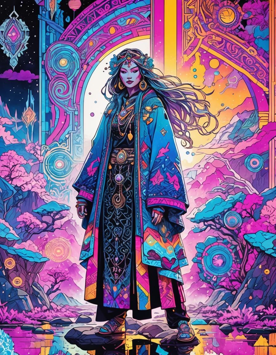 Epic Heroine Controls Elements in Pointillism Landscape