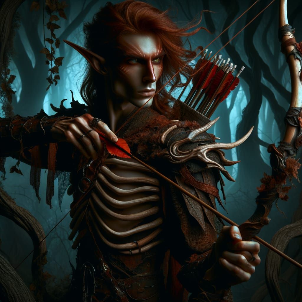 Dark Fantasy Wood Elf Archer in Eerie Forest