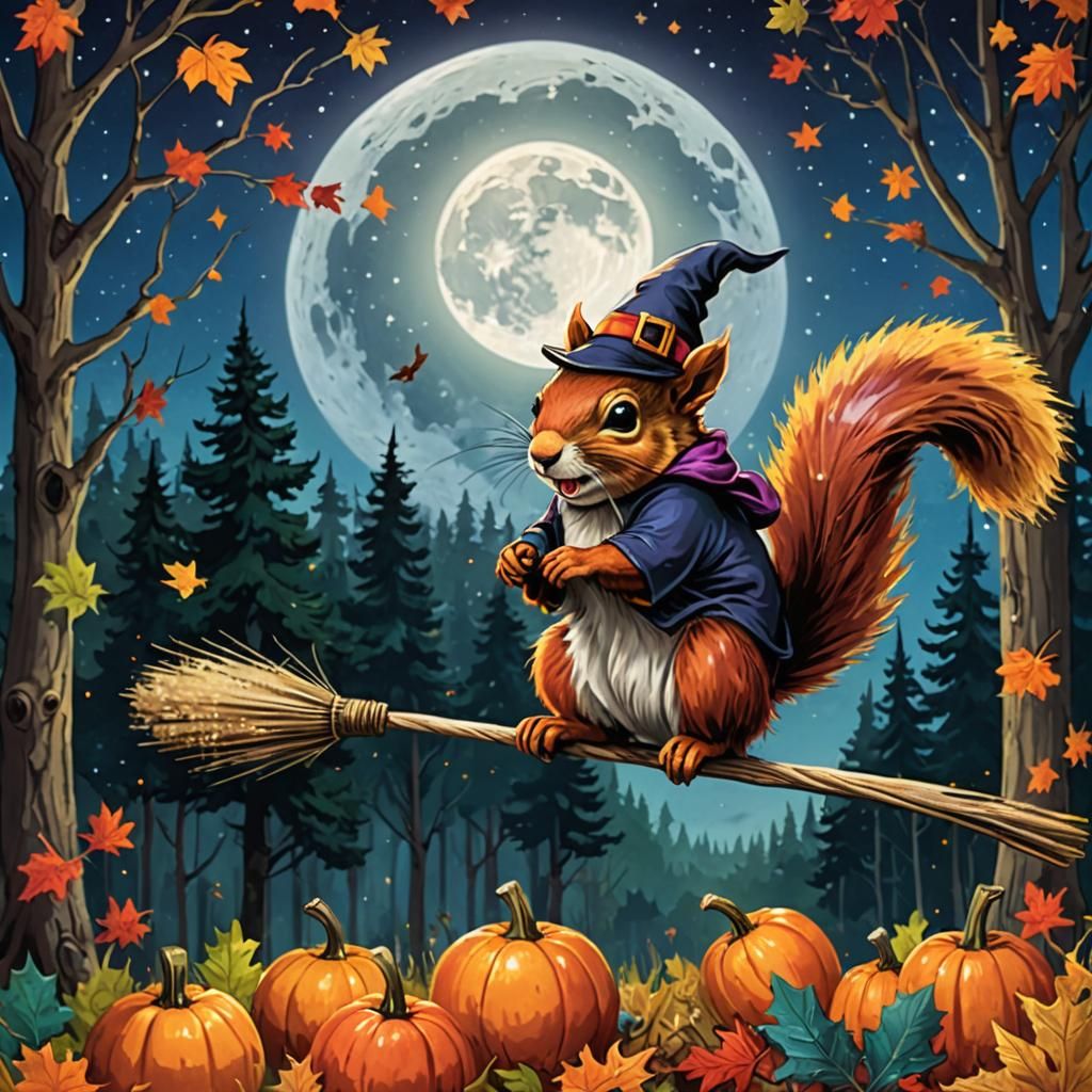 Rainbow Squirrel Witch Flying Over Forest