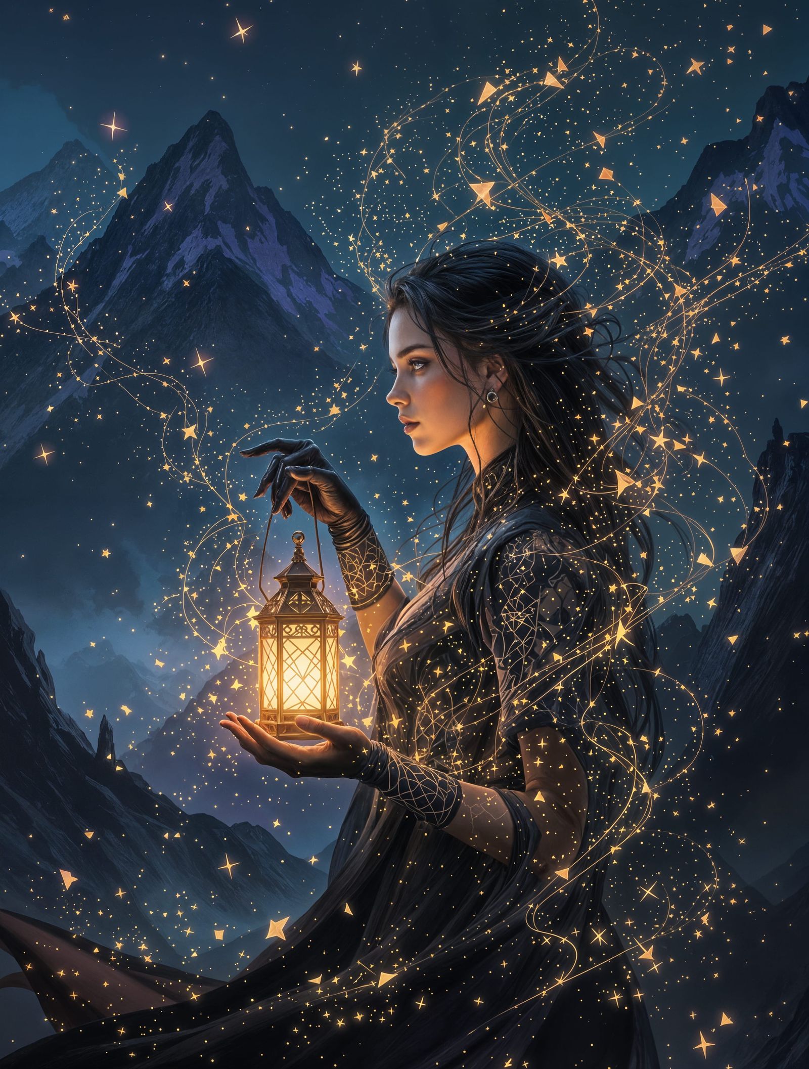 Ethereal Mountain Sorceress Illuminated by Golden Light