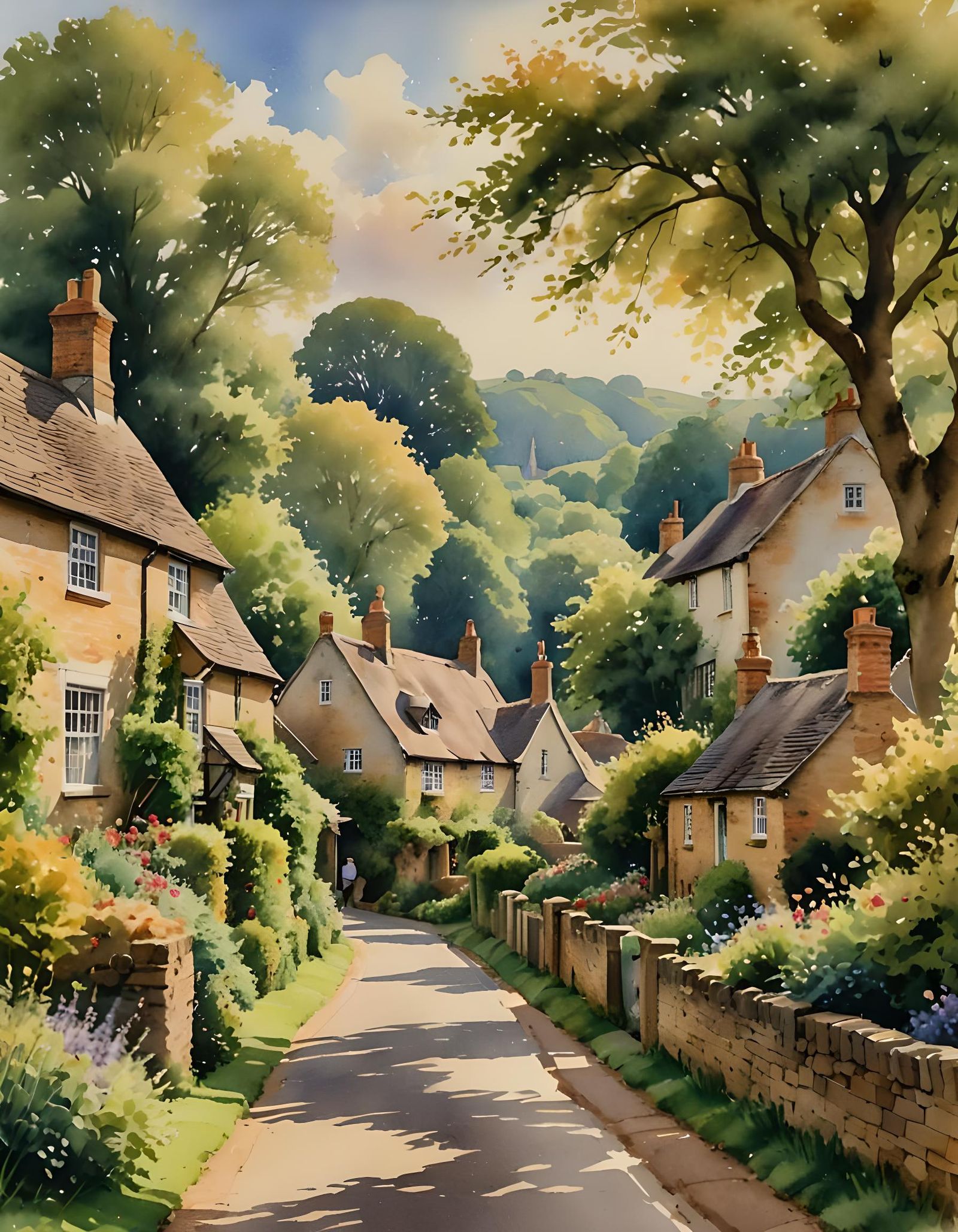 Idyllic English Village in Watercolour