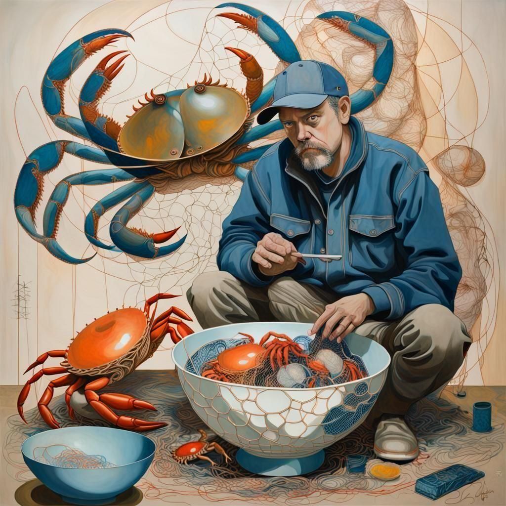 Fisherman and Crabs: A Surreal Mixed Media Collage