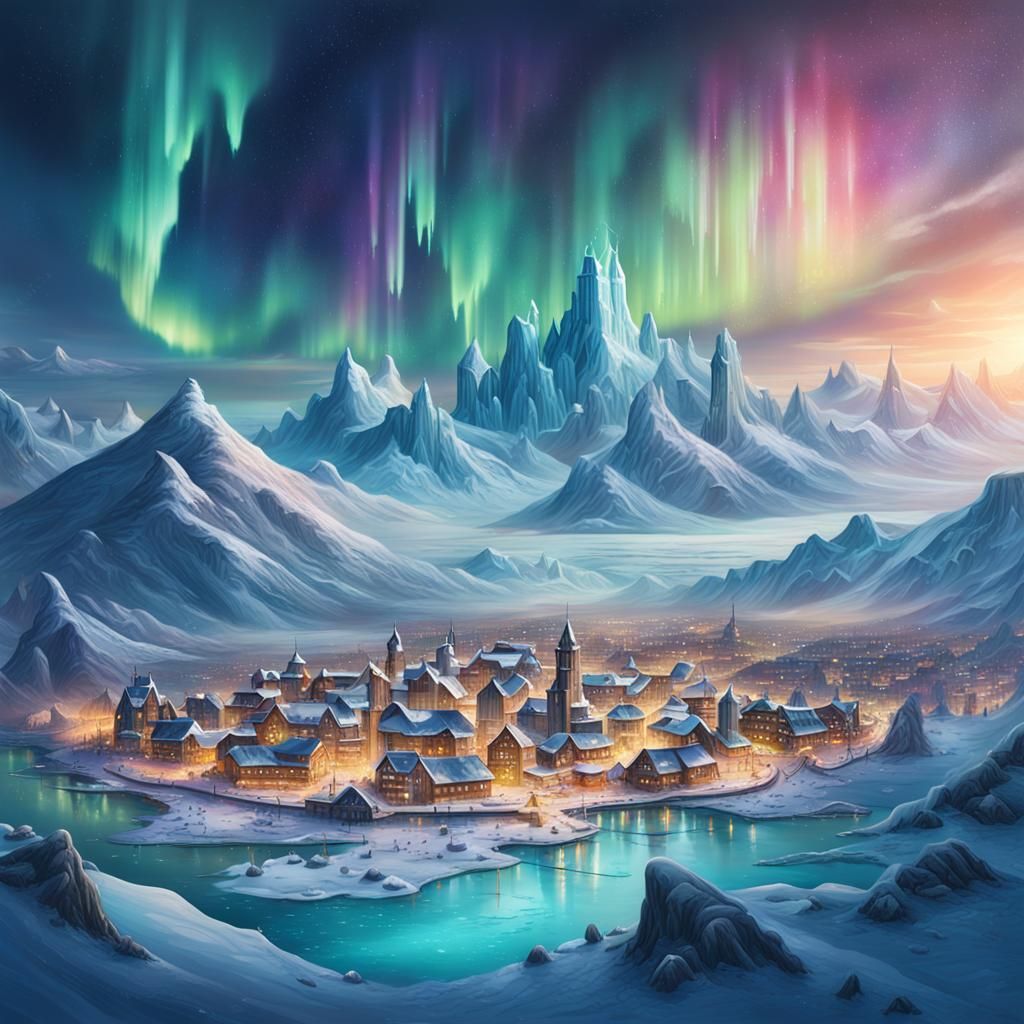 Magical Ice City Under Aurora Borealis: Hyperrealistic Art