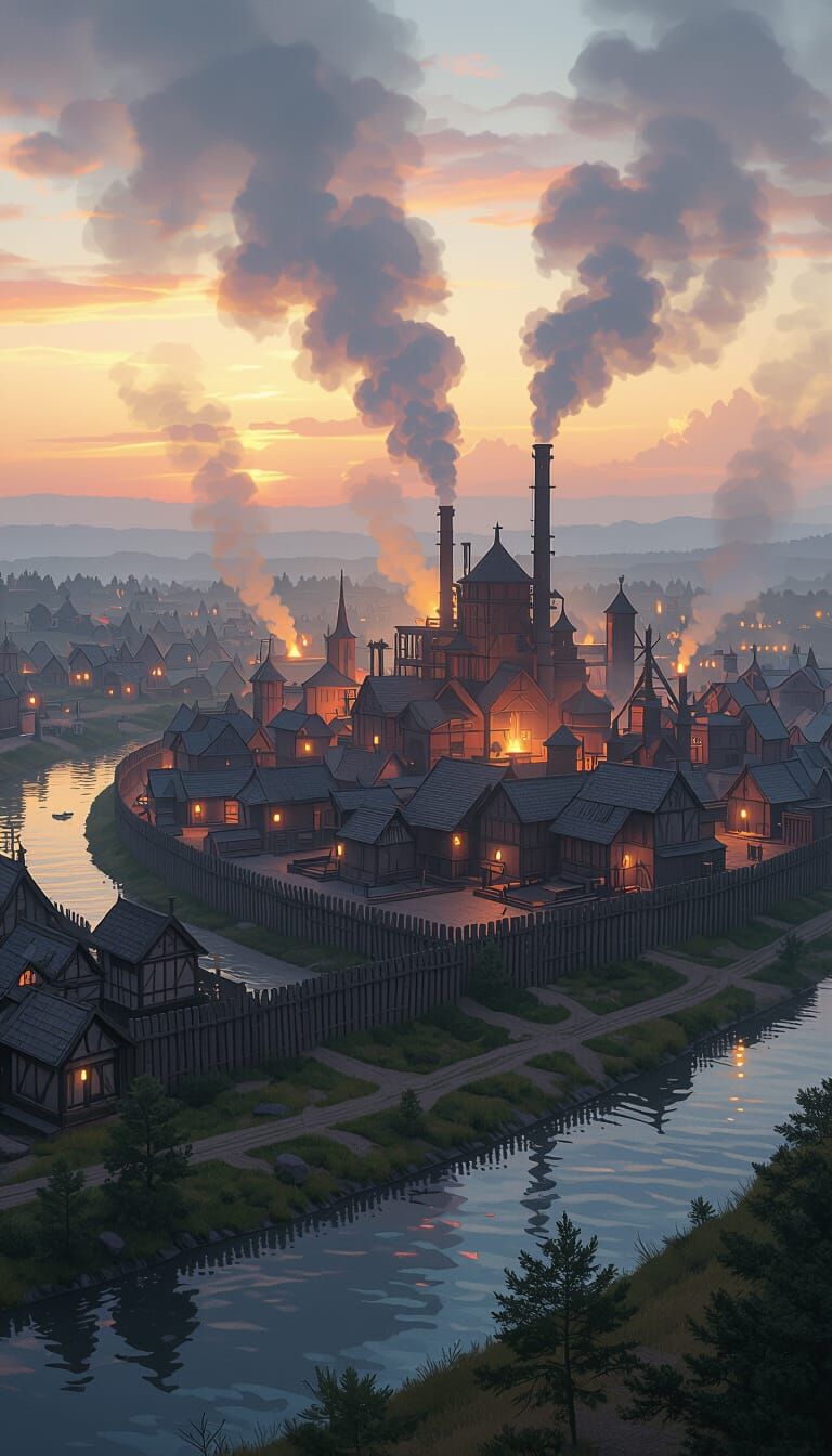 Medieval Industrial Town in Matte Painting Style