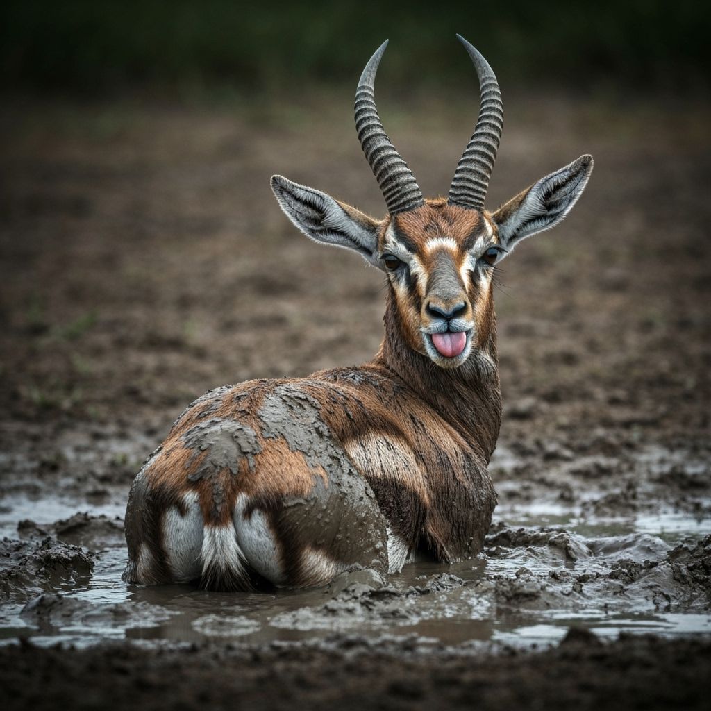 Muddy Gazelle Sinking in Deep Mud, Smiling