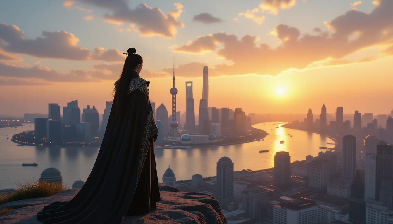 Solitary Figure Overlooking Shanghai at Sunset