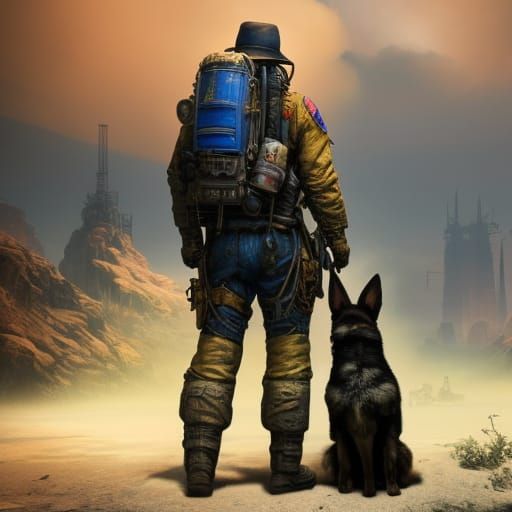 Wanderer and Dog in Wasteland: Pencil Sketch