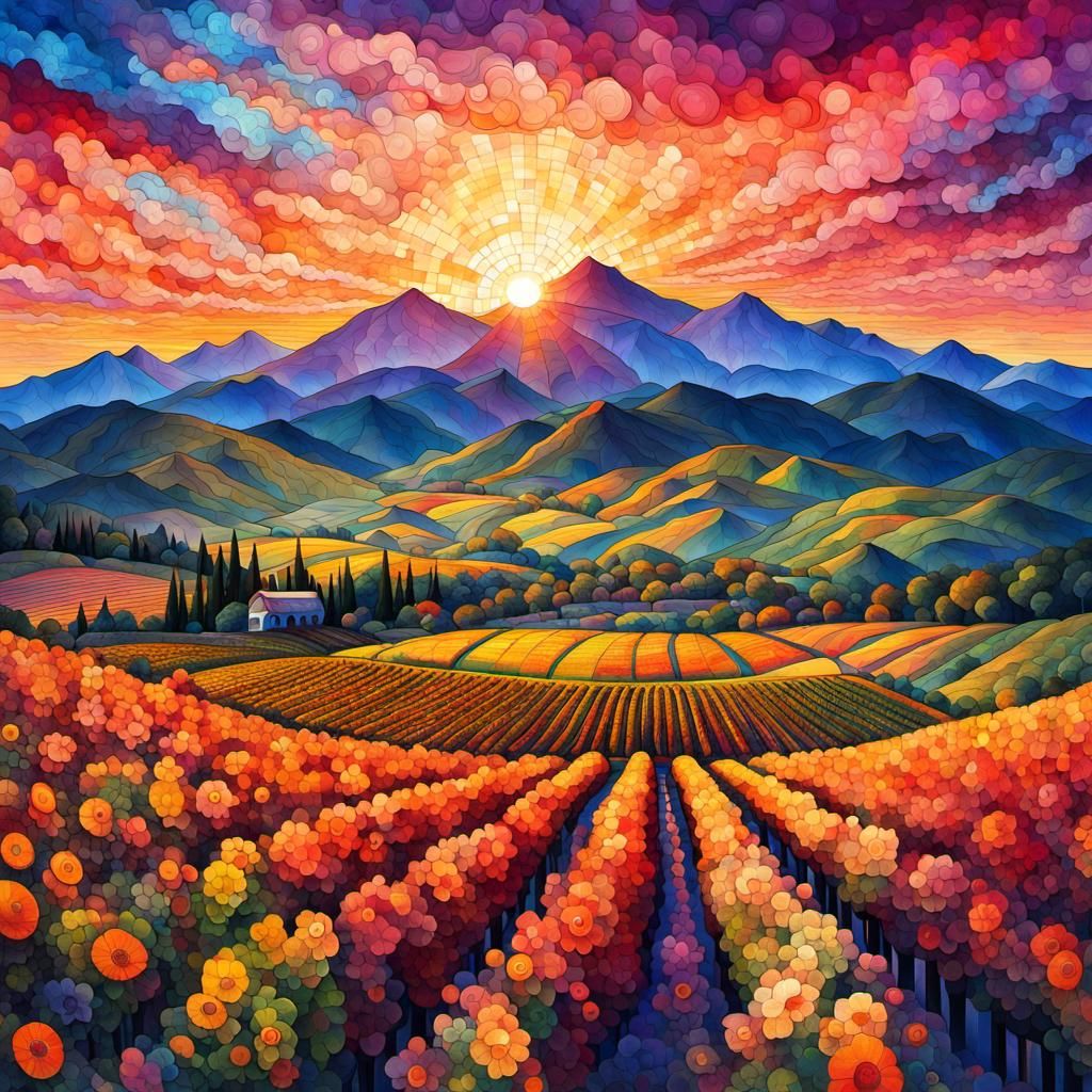 Colorful Mosaic Landscape with Vineyard at Sunset