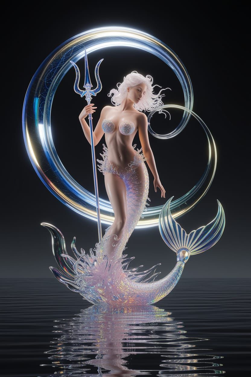 Siren Goddess with Crystal Trident in Art Nouveau Style