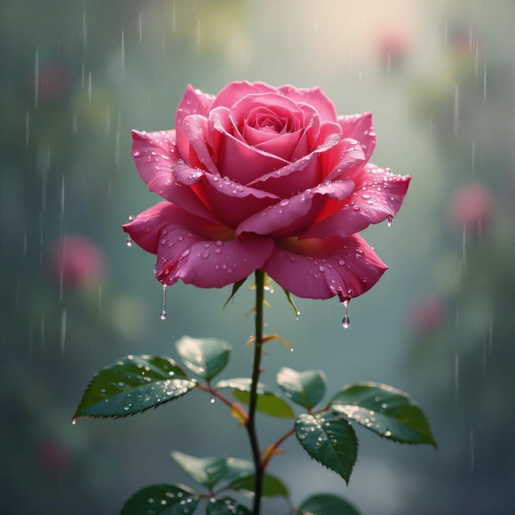 Dark Pink Rose in Rain, Hyperrealistic Oil Painting