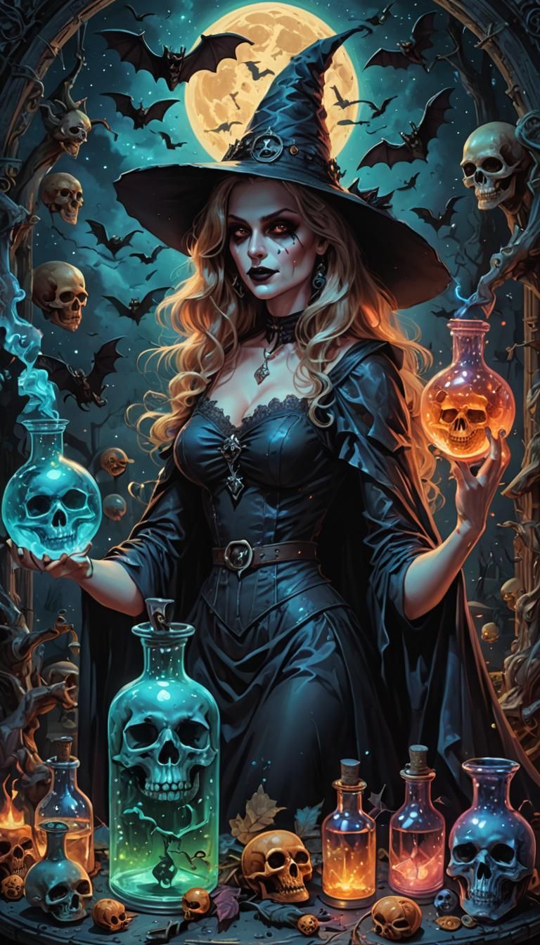 Holographic Witch Pinup with Potions and Skulls