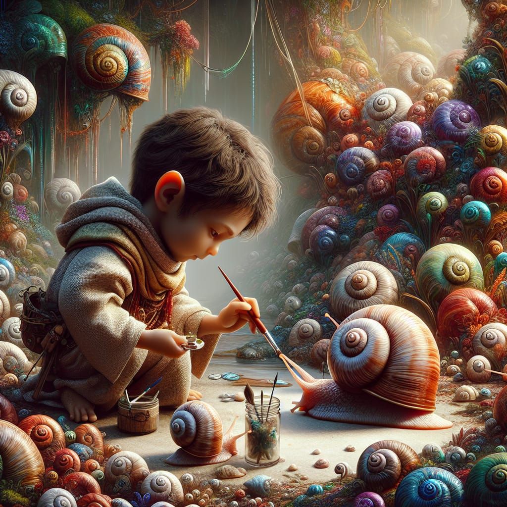 Snail Shell Painter in a Fantasy Garden