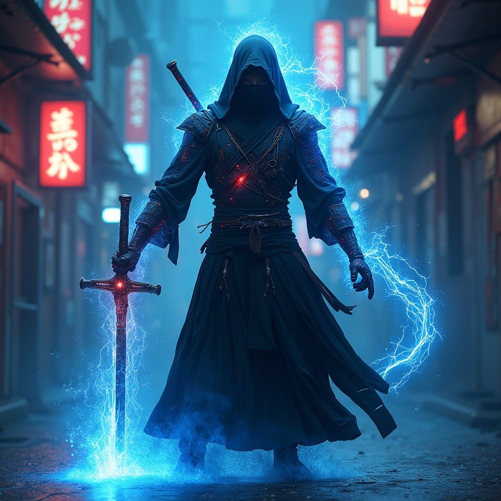 Cyber-Mythic Ninja Emerges from Storm of Blue Embers