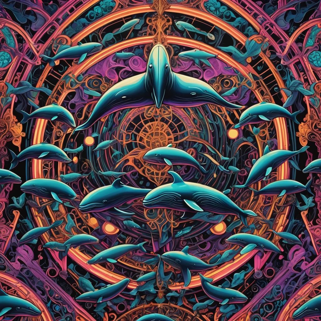 Psychedelic Baroque Whales in Neon Geometric Landscape