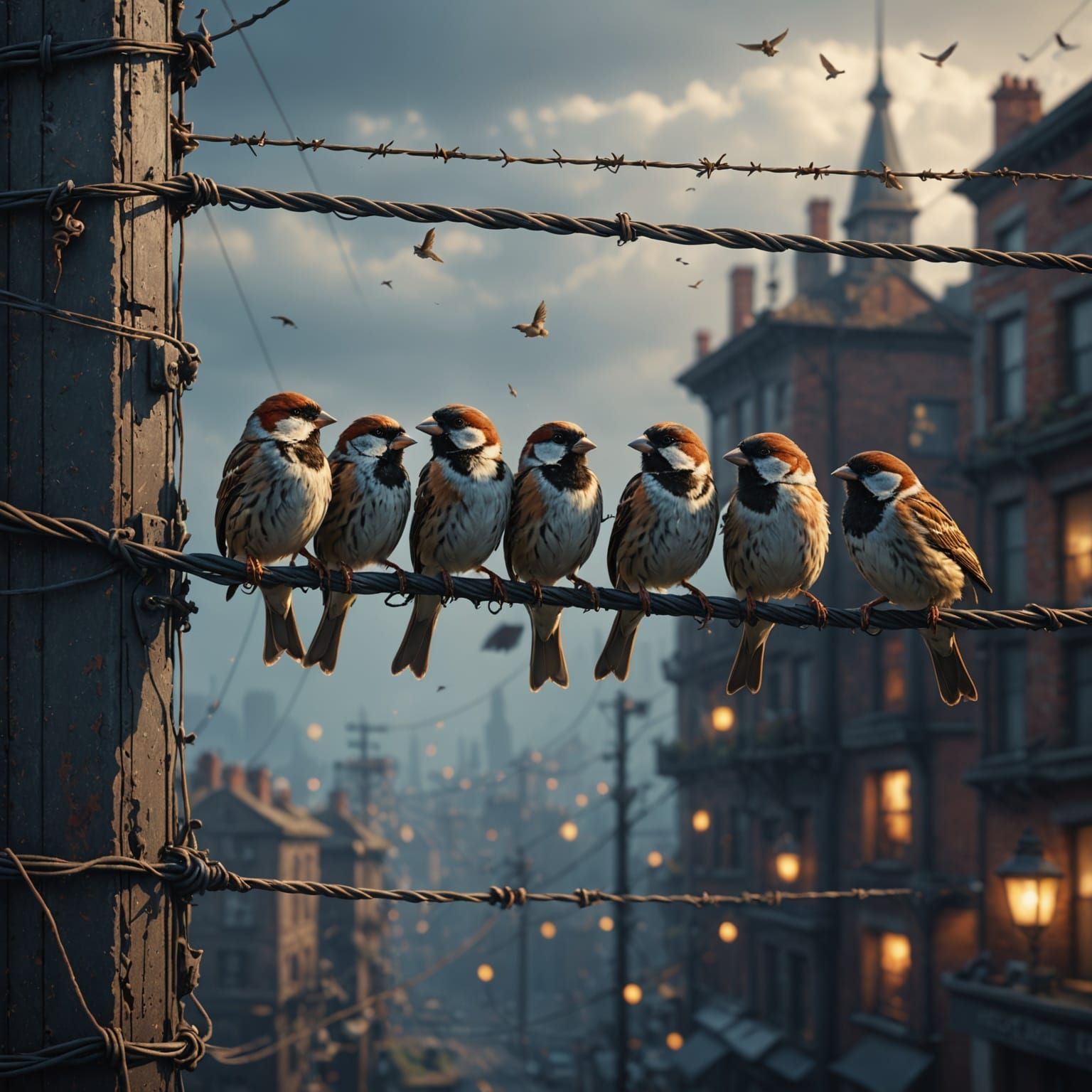 Sparrows Perched on a Telephone Wire