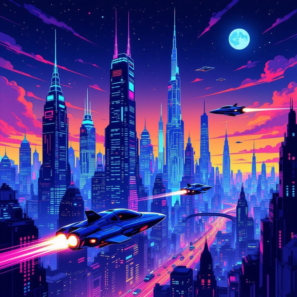 Futuristic Cityscape at Night in Graphic Novel Style