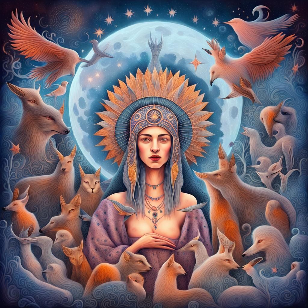 Mystic Woman Surrounded by Animals in Surreal Artwork