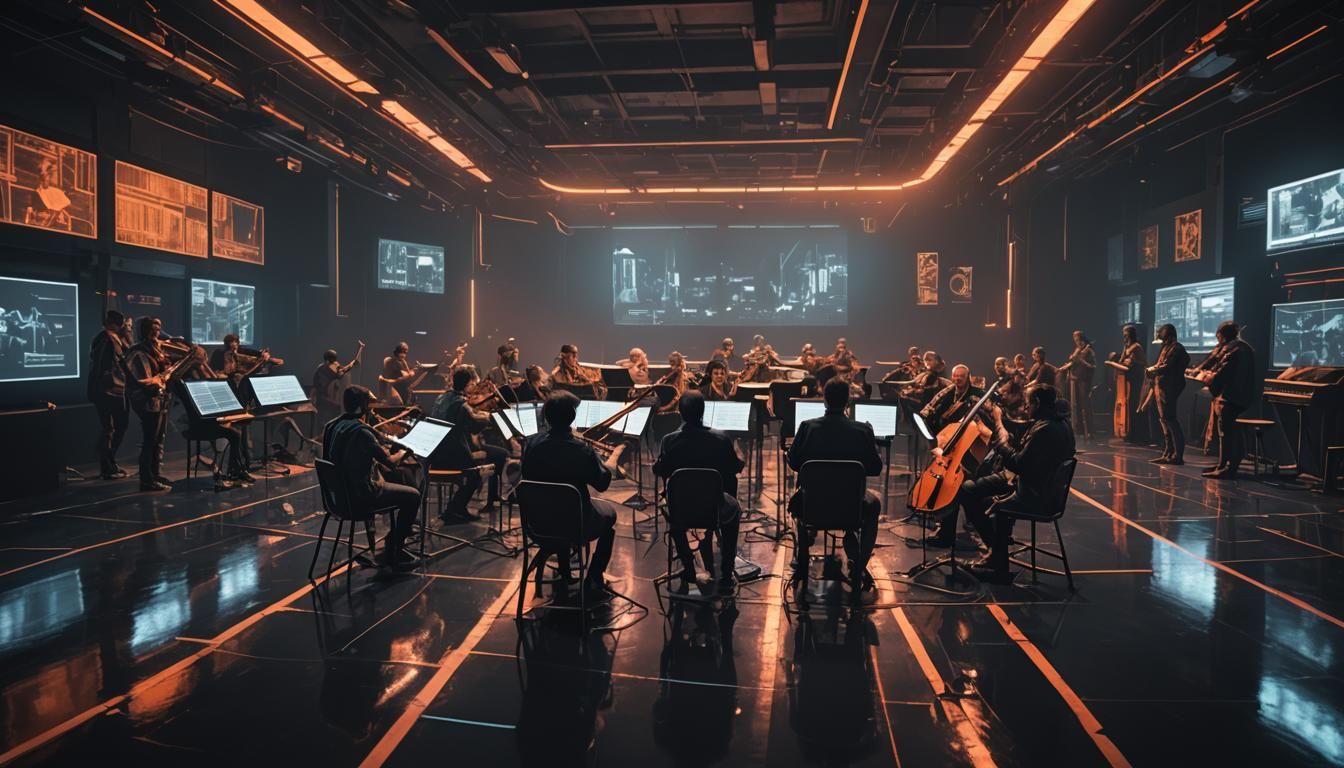 Dystopian Sci-Fi Orchestra on Stage in Cyberpunk Style