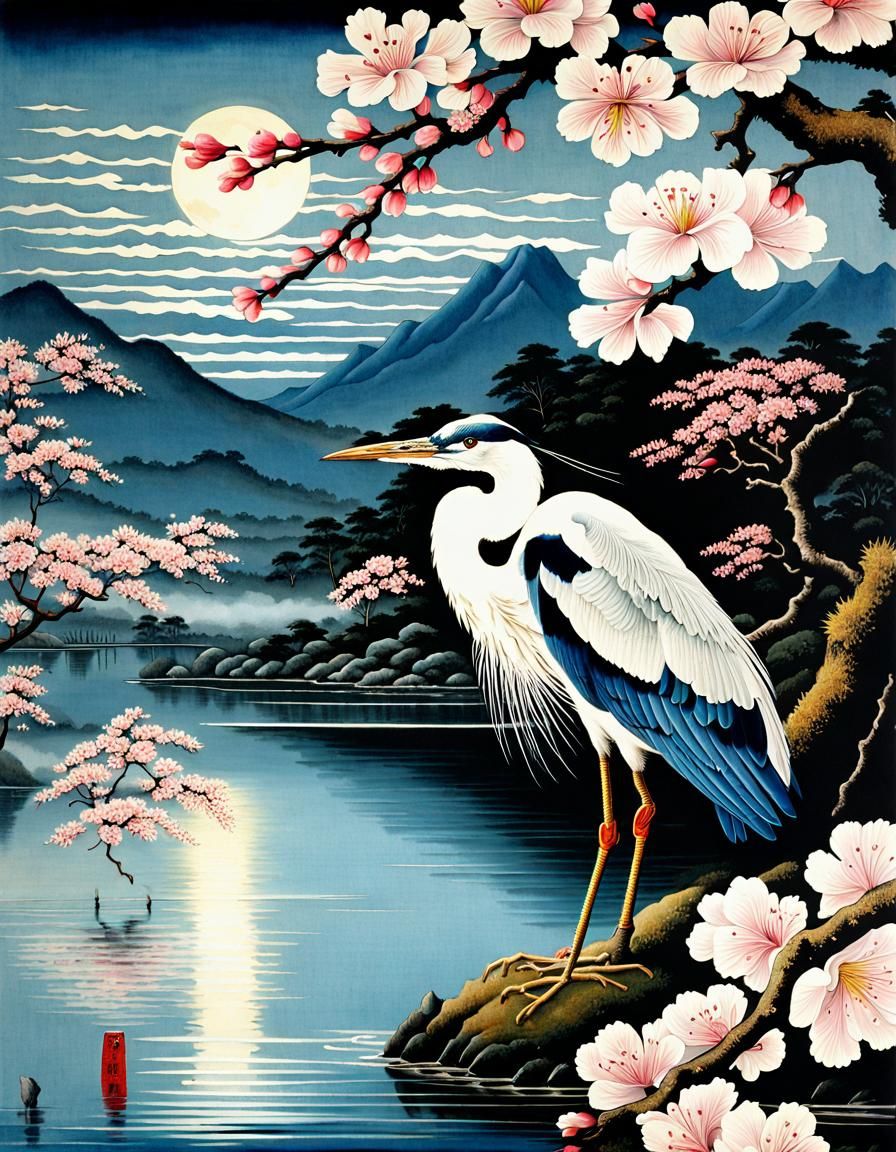 Heron in Serene Winter Landscape, Detailed Photorealistic Ar...