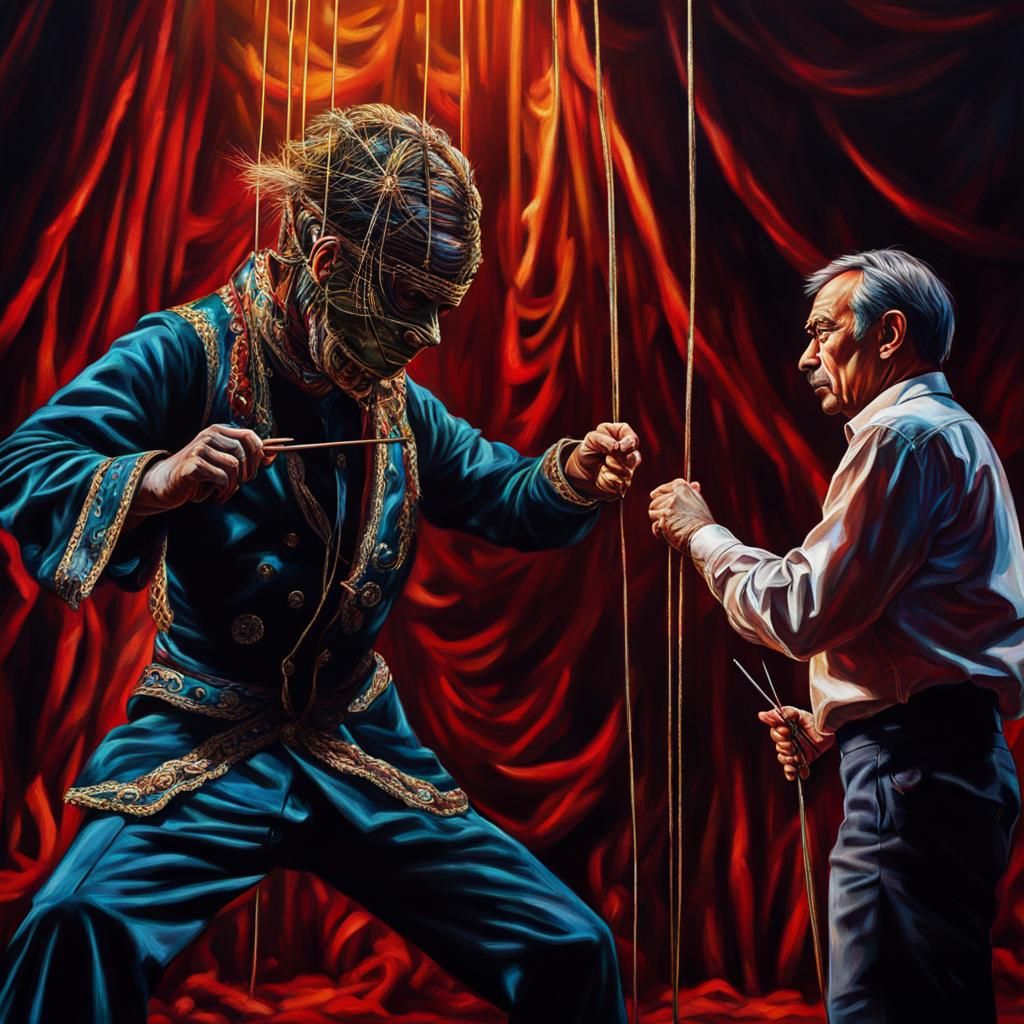 Puppeteer Controls Strings, Man Cuts Free: Expressionist Art
