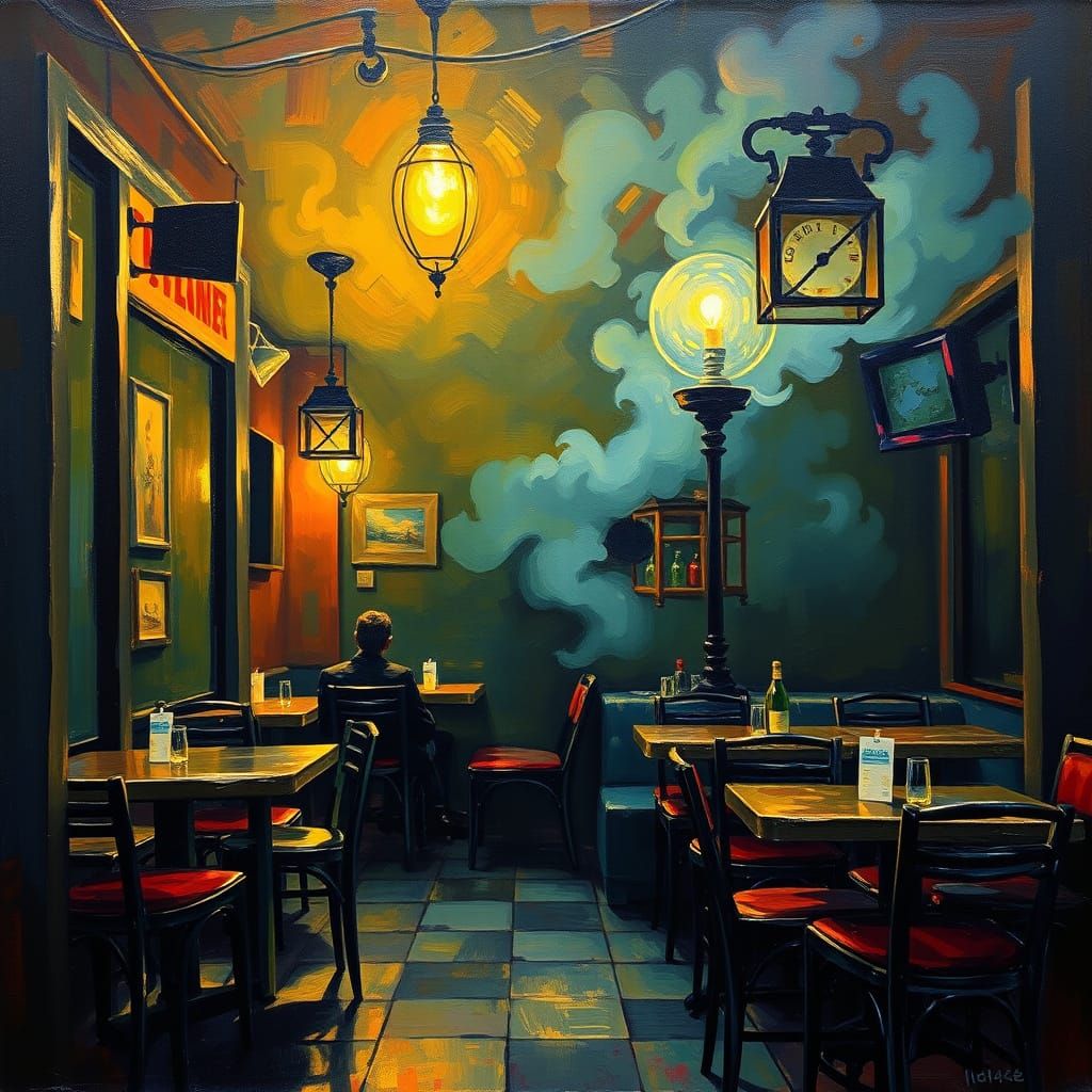 Cozy Nighttime Café Scene in Neo-Expressionist Style