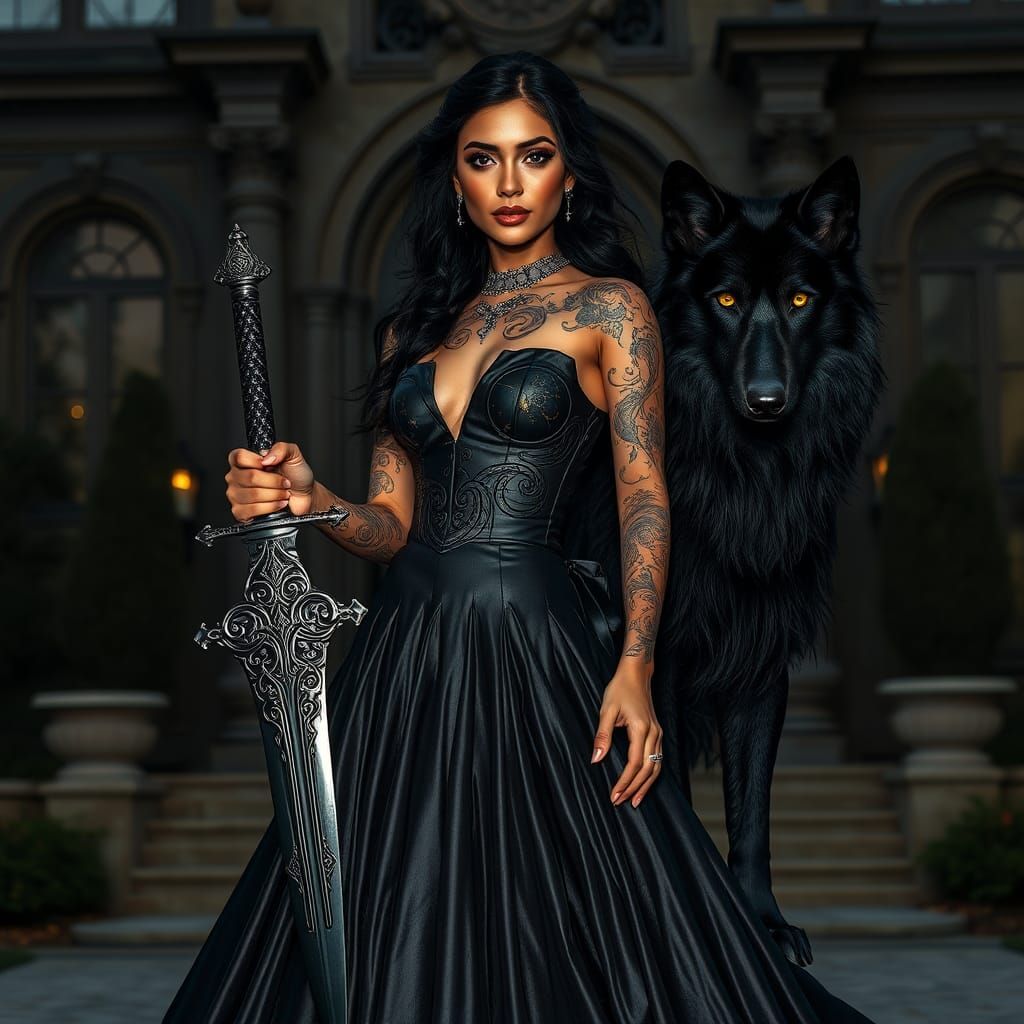 Regal Woman in Dark Gothic Wedding Gown with Metallic Sword ...