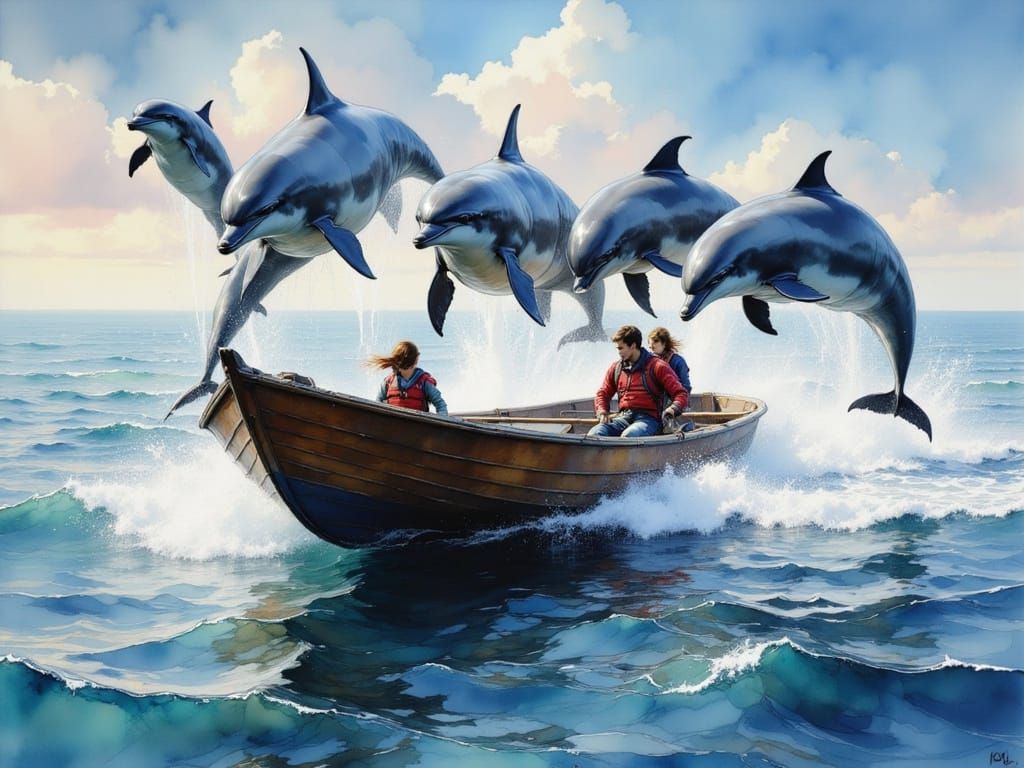 Dolphins Leap Over Rowboat in Ink Wash Painting