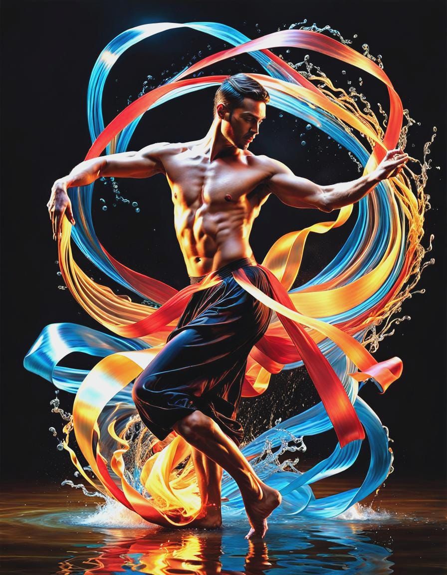 Expressive Male Dancer Surrounded by Fire and Water