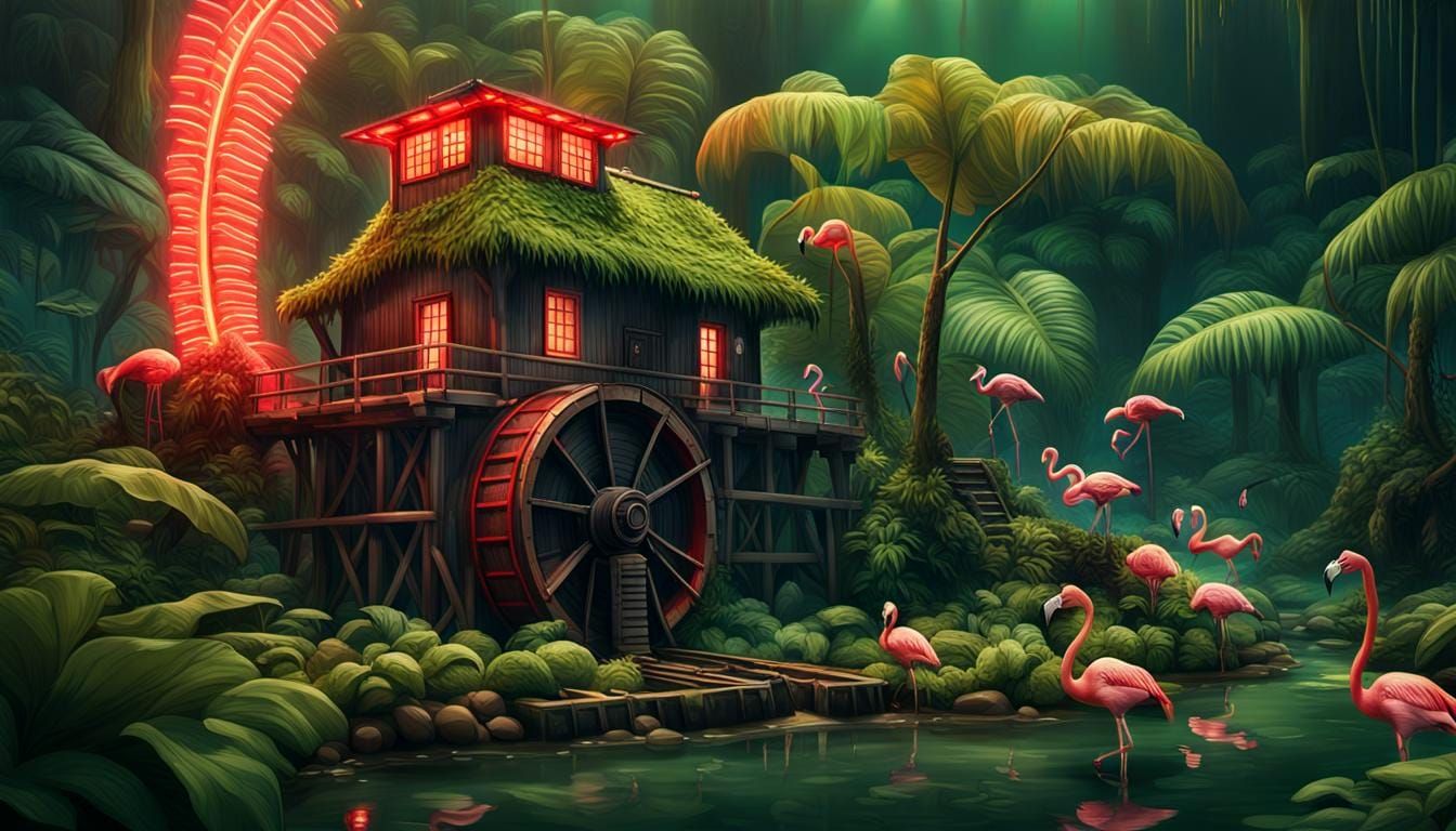 Cyberpunk Watermill Oasis with Vibrant Red Flamingos