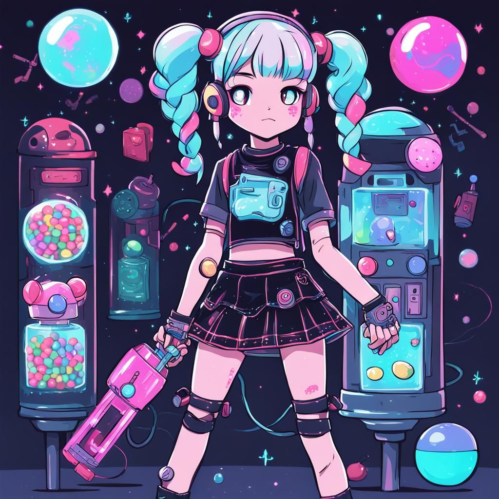 Cyberpunk Magical Girl with Gumball Machine Weapon