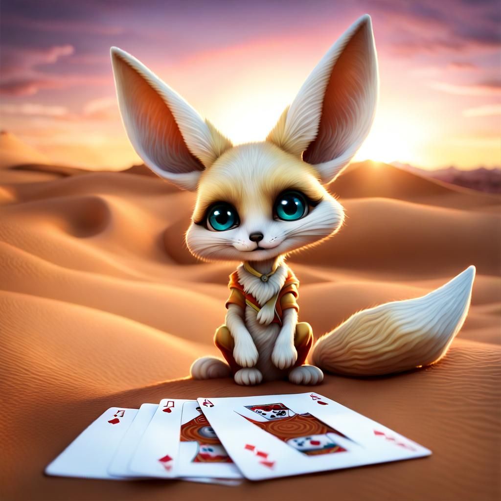 Adorable Chibi Foxes Play Cards at Sunset