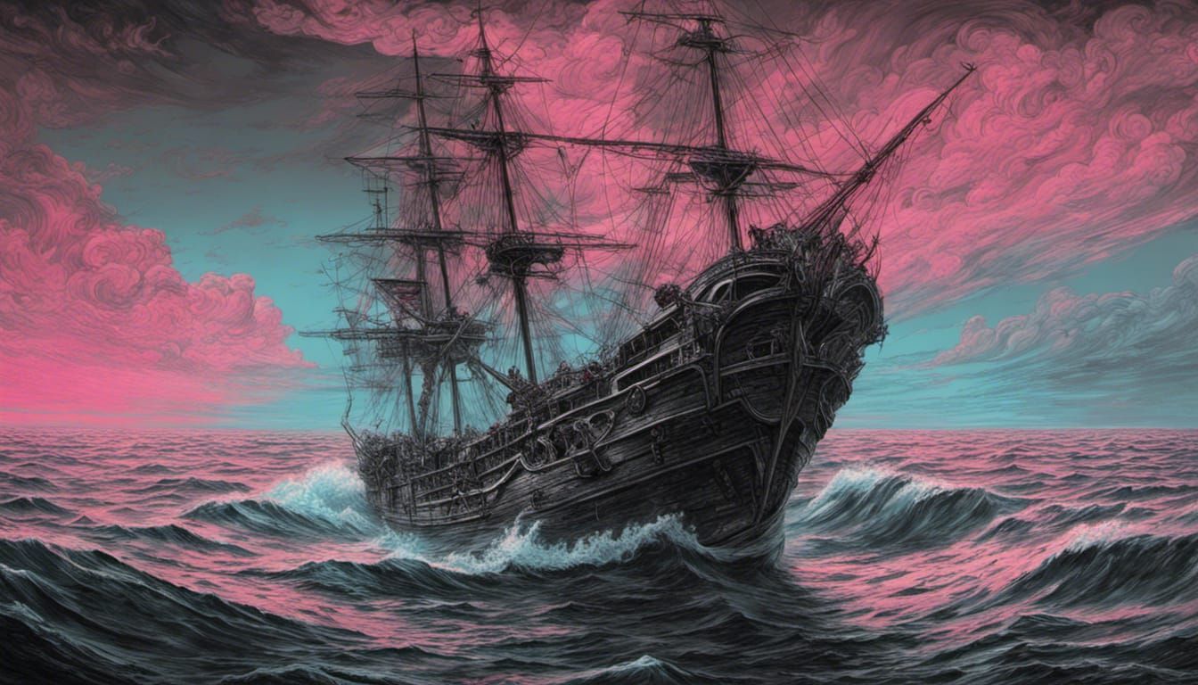 Baroque Galley Sails Winered Seas: Synthwave Charcoal Drawin...