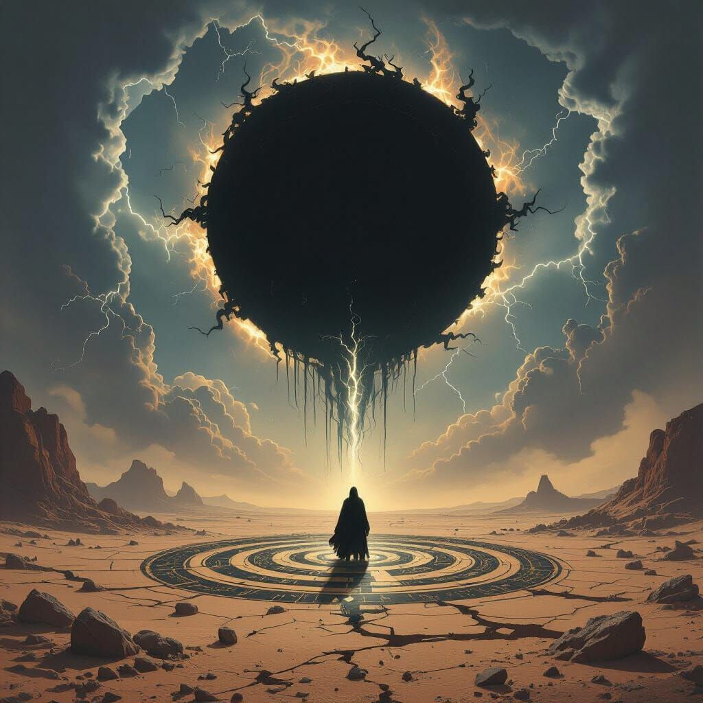 Apocalyptic Black Sun Over Desert Ritual Glyph