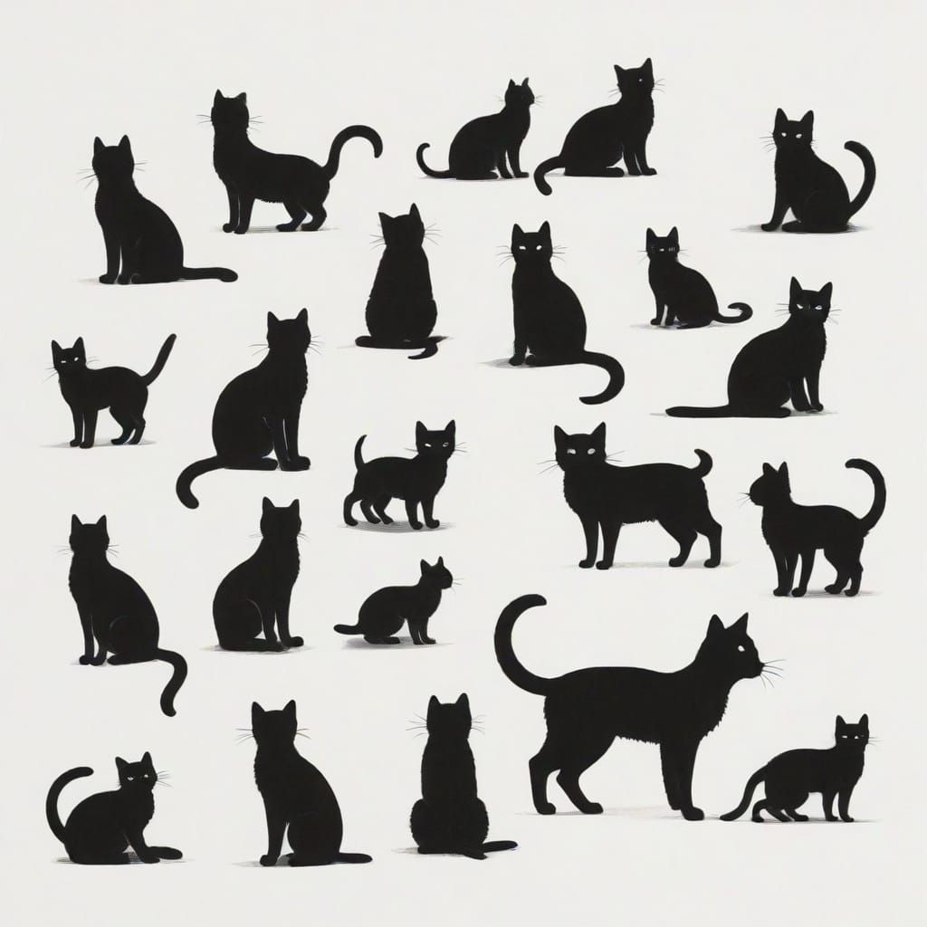 Playful Black Cat Silhouettes in Charcoal Drawing Style