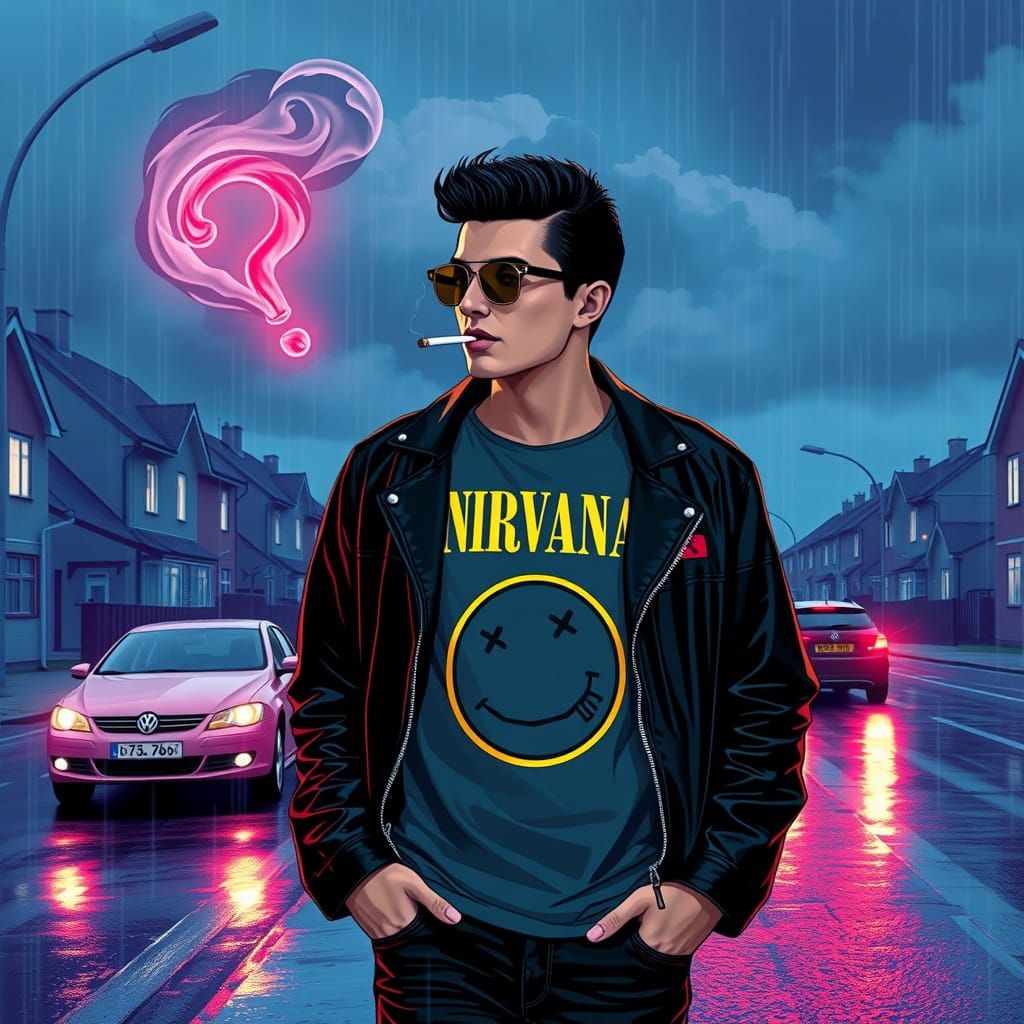 Synthwave Man in Rainy Suburb, Retro Style